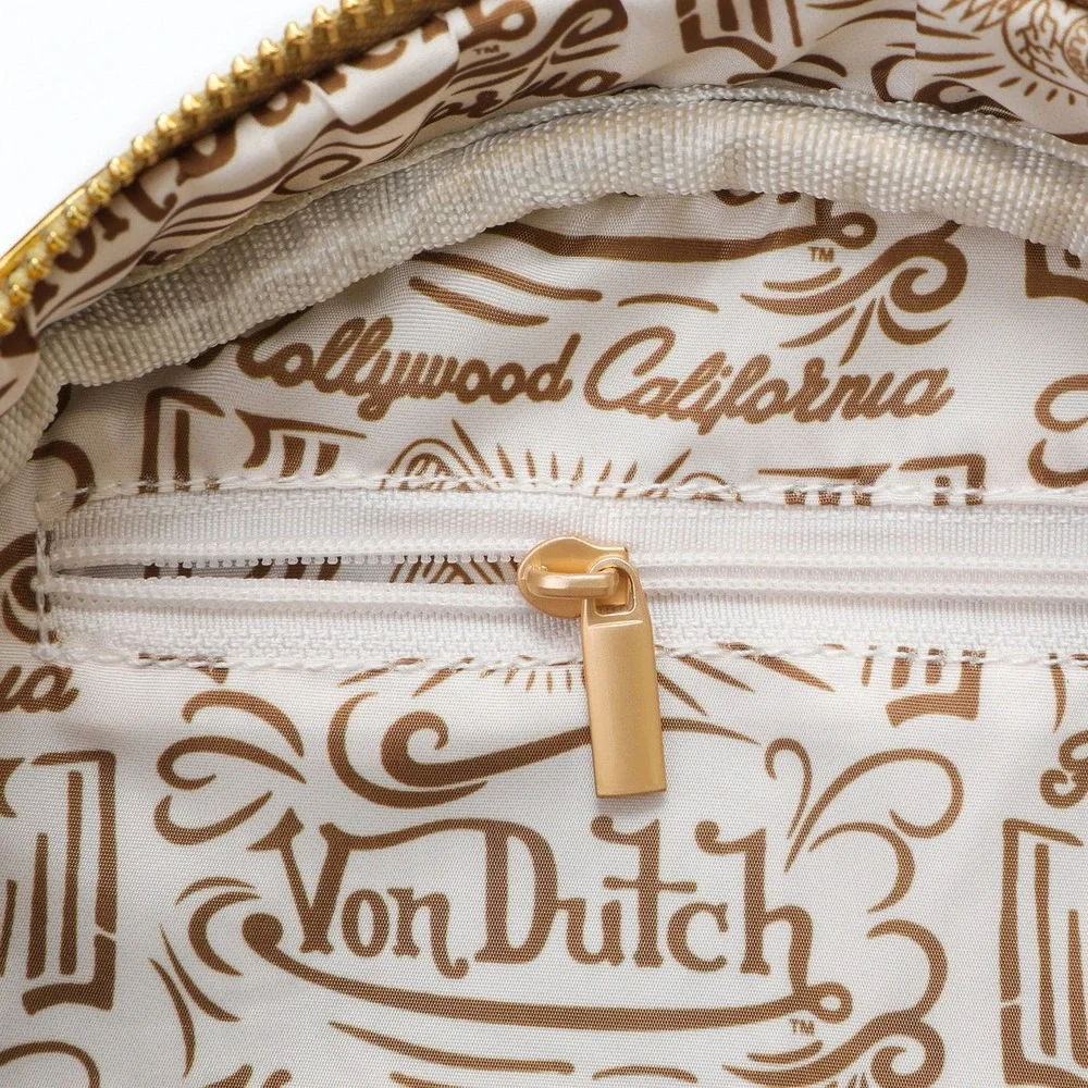 Von Dutch Metallic Gold Mini Bowler Bag Y2K Logo Crossbody Dome Satchel